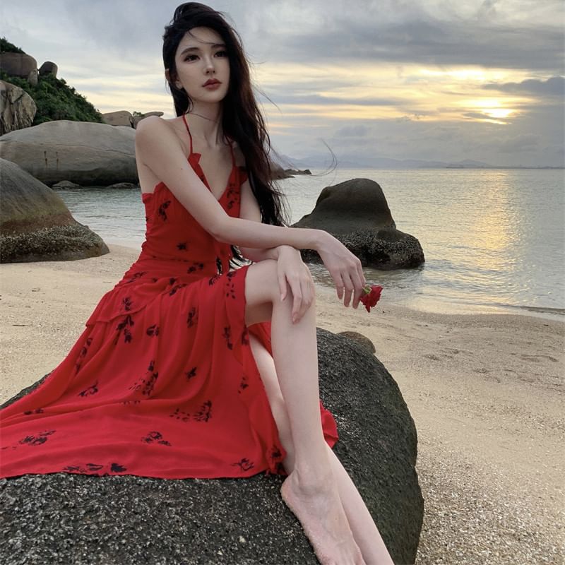 Halter Side-Slit Floral Midi Sundress Ruffle