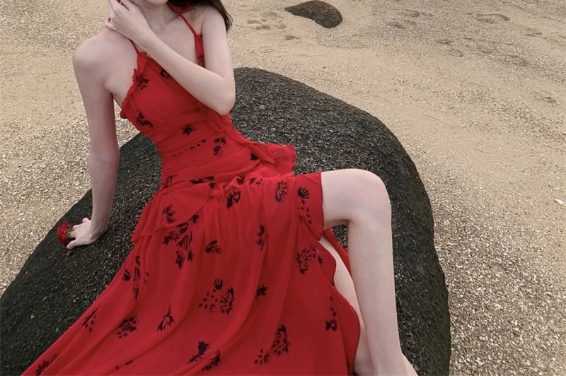 Halter Side-Slit Floral Midi Sundress Ruffle