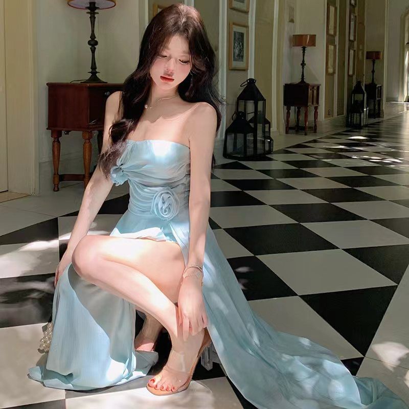 Plain Dress Strapless Maxi Side-Slit A-Line