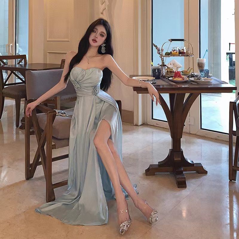 Plain Dress Strapless Maxi Side-Slit A-Line