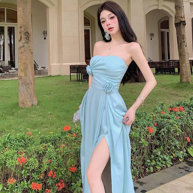 Plain Dress Strapless Maxi Side-Slit A-Line