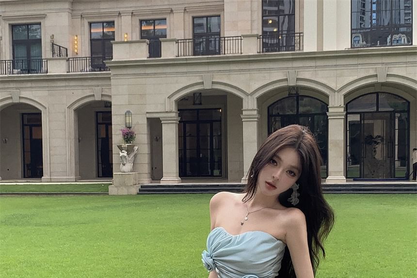 Plain Dress Strapless Maxi Side-Slit A-Line