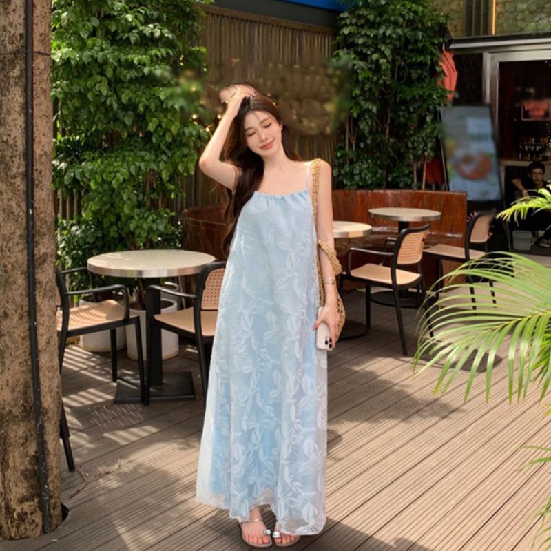 Maxi Spaghetti Leaf Sundress Print Strap