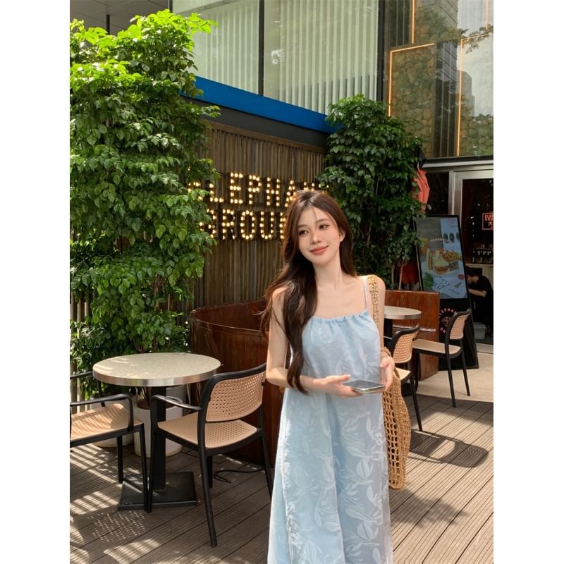 Maxi Spaghetti Leaf Sundress Print Strap