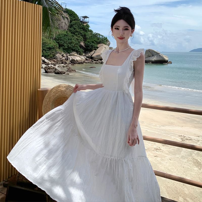 Open Back Dress Maxi Lace Sleeveless A-Line Trim Plain