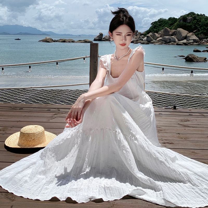 Open Back Dress Maxi Lace Sleeveless A-Line Trim Plain