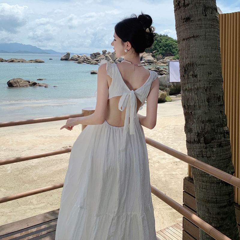 Open Back Dress Maxi Lace Sleeveless A-Line Trim Plain