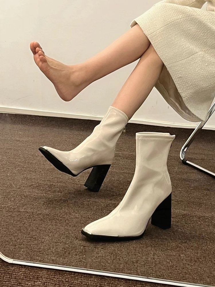 Plain Heel Boots Patent Chunky Short Leather Zip-Up