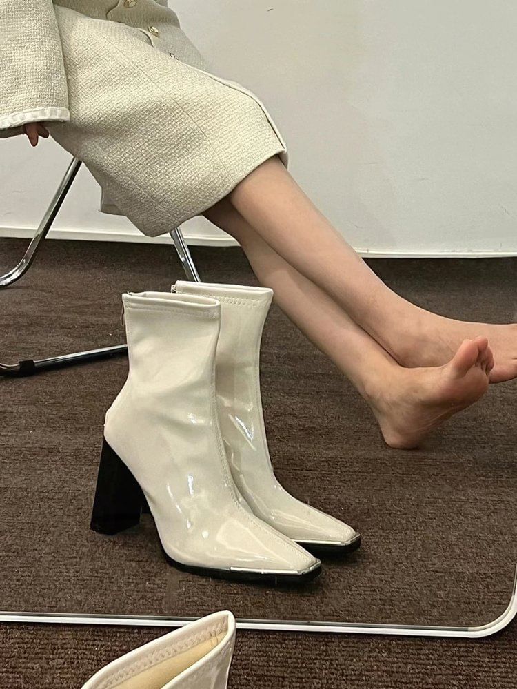Plain Heel Boots Patent Chunky Short Leather Zip-Up