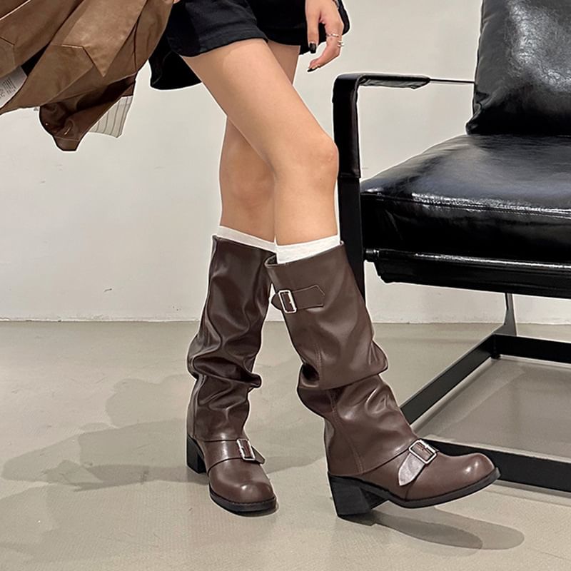 Chunky Boots Leather Tall Plain Buckled Faux Heel