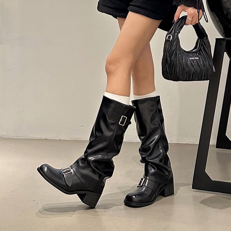 Chunky Boots Leather Tall Plain Buckled Faux Heel