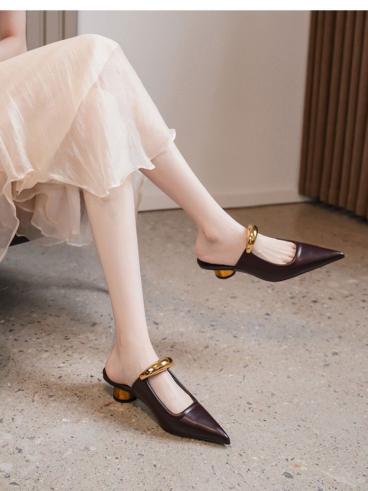 Accent Pointed Toe Chunky Mules Metal Leather Heel Faux