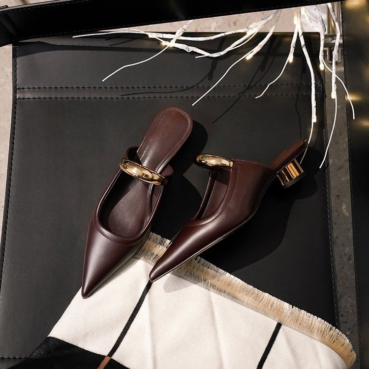 Accent Pointed Toe Chunky Mules Metal Leather Heel Faux