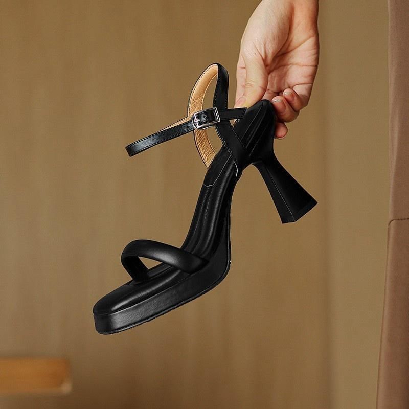 Ankle Strap Plain Square High Faux Heel Sandals Toe Leather