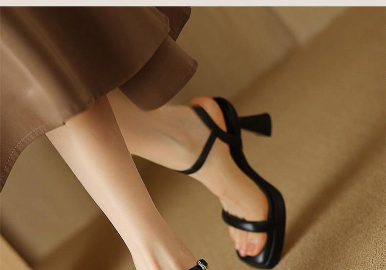 Ankle Strap Plain Square High Faux Heel Sandals Toe Leather
