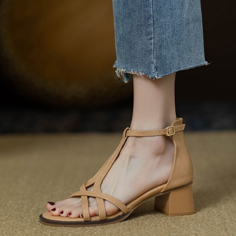 Ankle Strap Plain Leather Gladiator Faux Chunky Heel Sandals