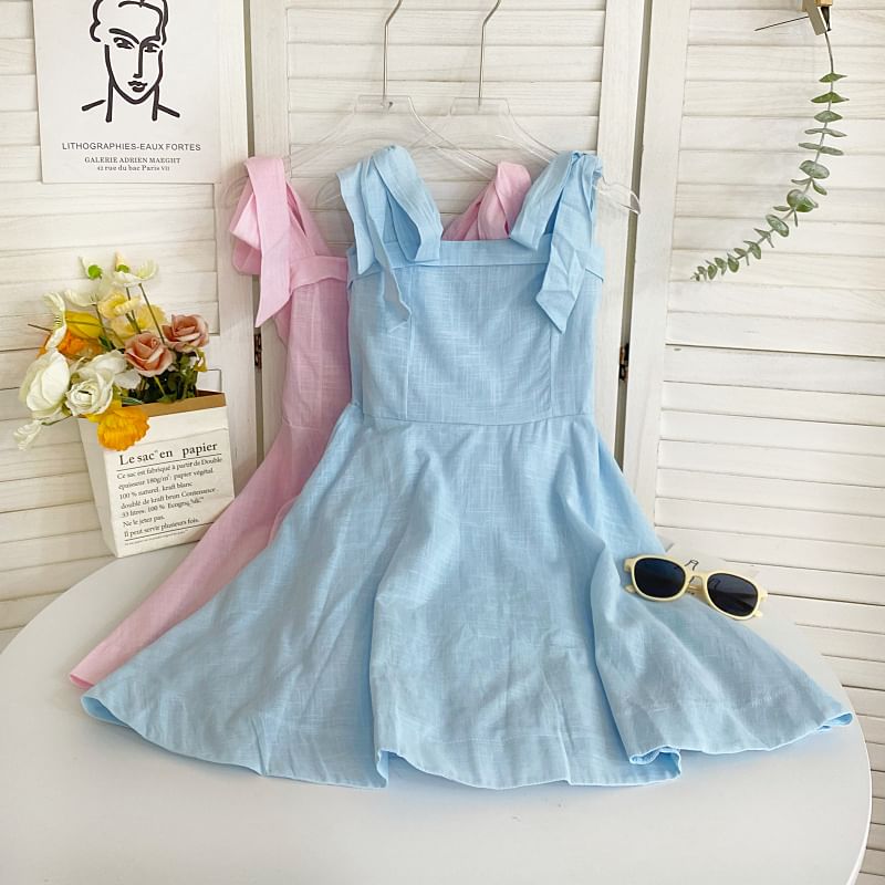 Tie Shoulder Solid Mini A-Line Dress