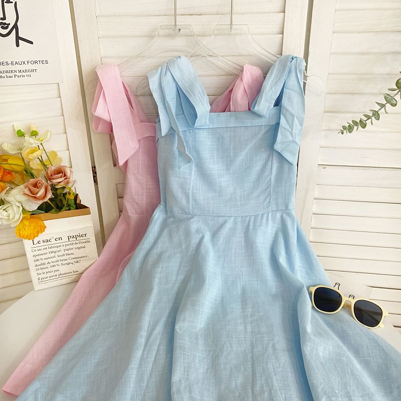 Tie Shoulder Solid Mini A-Line Dress