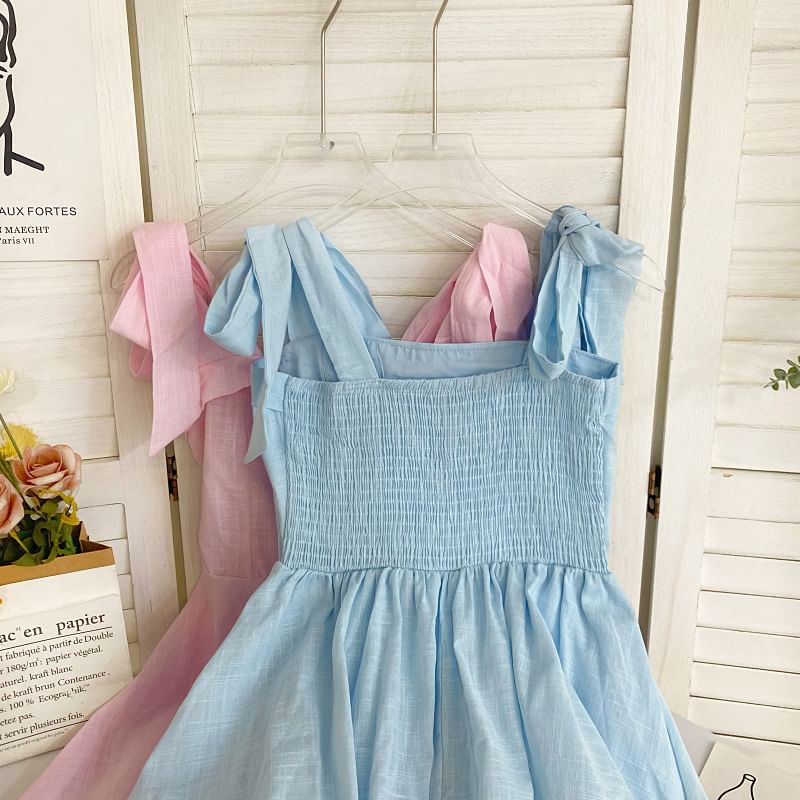Tie Shoulder Solid Mini A-Line Dress