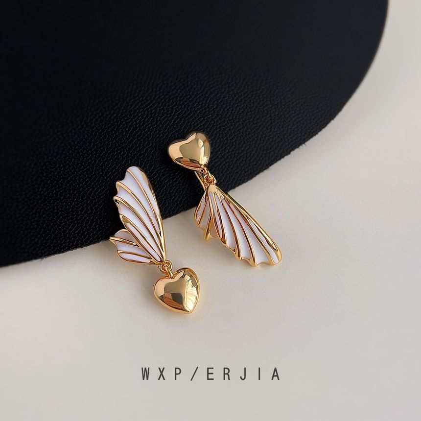 Asymmetrical Earring Heart Drop Clip Wing On