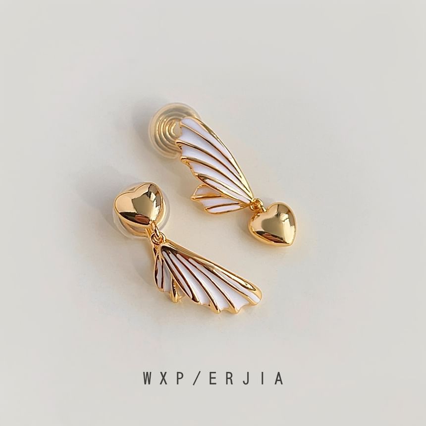 Asymmetrical Earring Heart Drop Clip Wing On