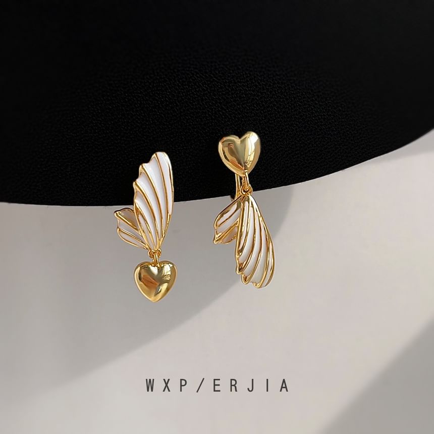 Asymmetrical Earring Heart Drop Clip Wing On