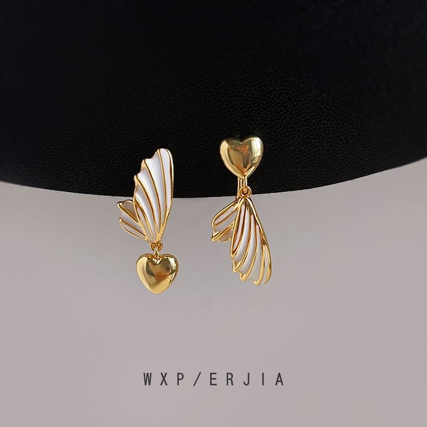 Asymmetrical Earring Heart Drop Clip Wing On