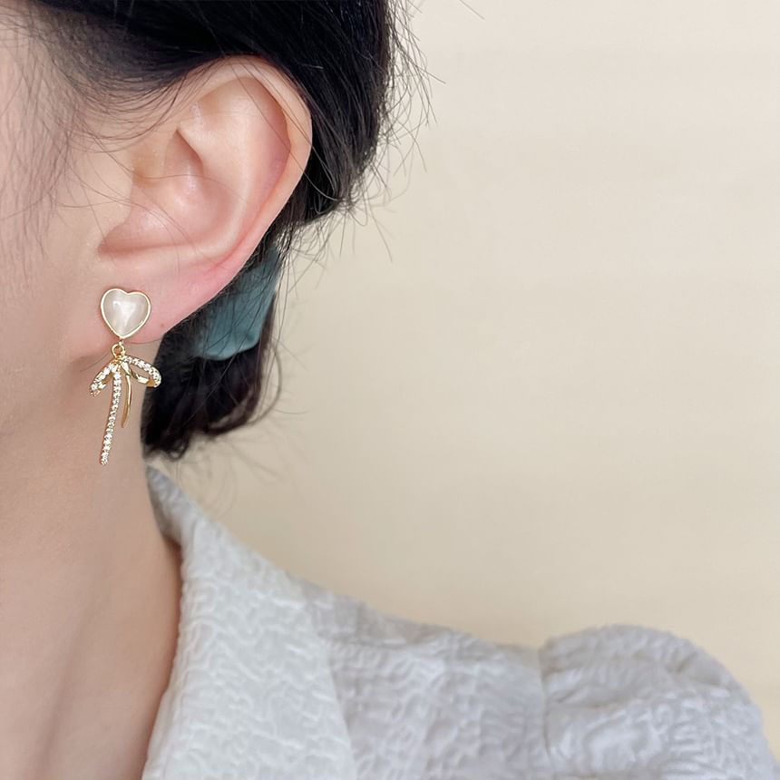 Heart Clip Drop On Earring Bow Rhinestone