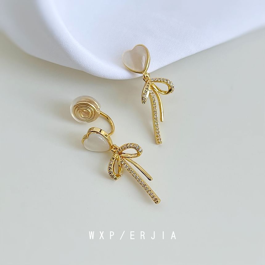 Heart Clip Drop On Earring Bow Rhinestone