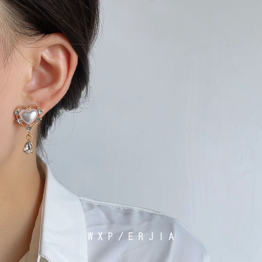 Rhinestone Pearl On Earring Faux Clip Heart Drop
