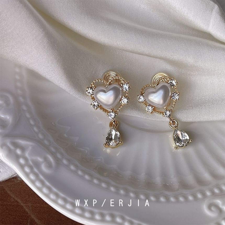 Rhinestone Pearl On Earring Faux Clip Heart Drop