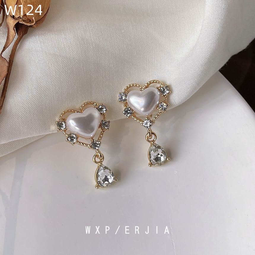 Rhinestone Pearl On Earring Faux Clip Heart Drop