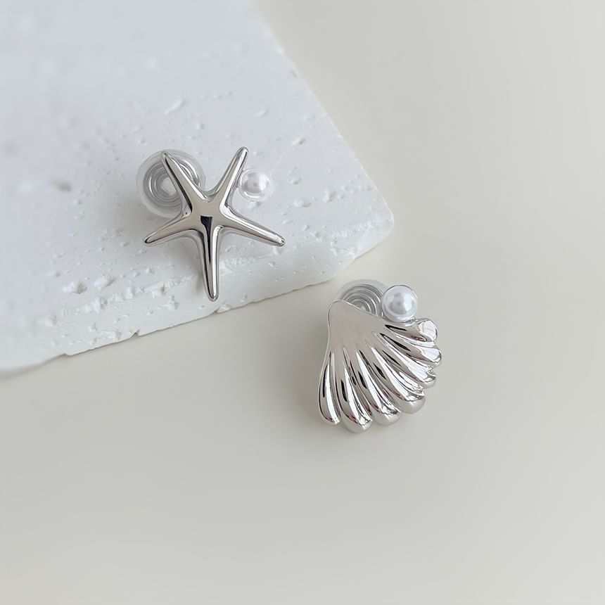 Starfish Clip Shell Asymmetrical On Faux Earring Pearl