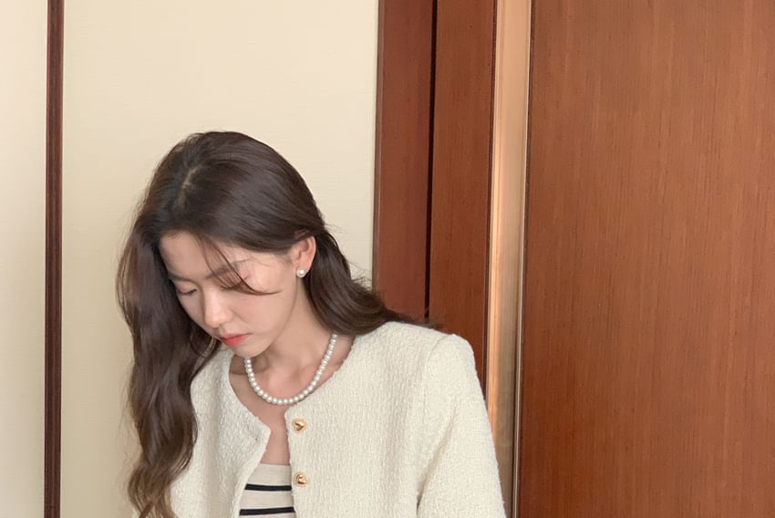 Crewneck Button-Up Tweed Crop Jacket