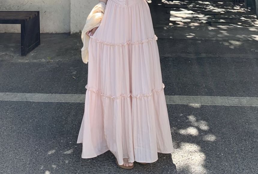 Thin Strap Scoop Neck Solid Maxi A-Line Dress / Solid Cardigan