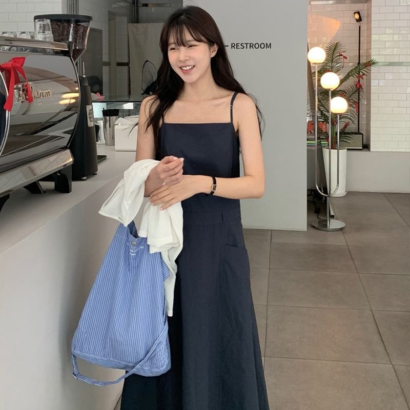 Thin Strap Solid Midi A-Line Dress