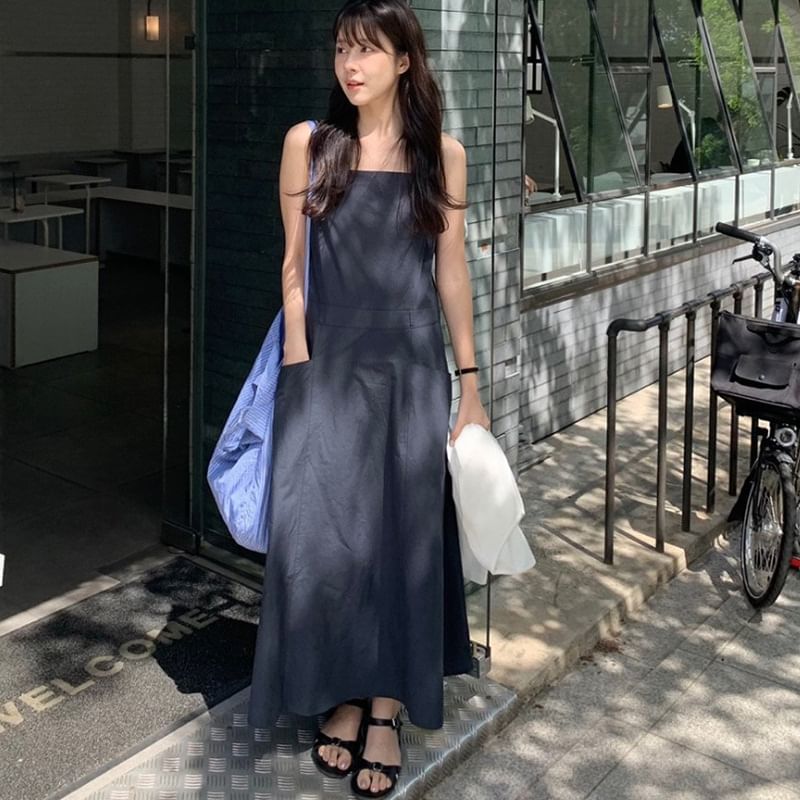 Thin Strap Solid Midi A-Line Dress