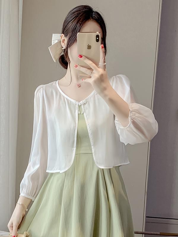 Puff-Sleeve Solid Light Jacket / Thin Strap Midi A-Line Dress
