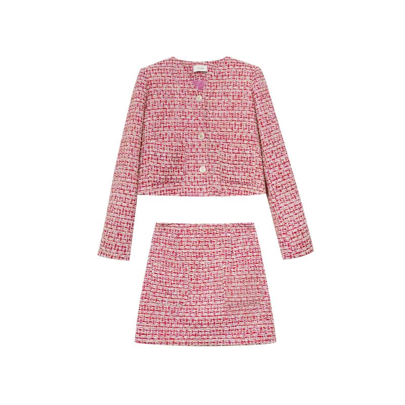 Set: V-Neck Button-Up Tweed Crop Jacket + High Rise Mini Pencil Skirt