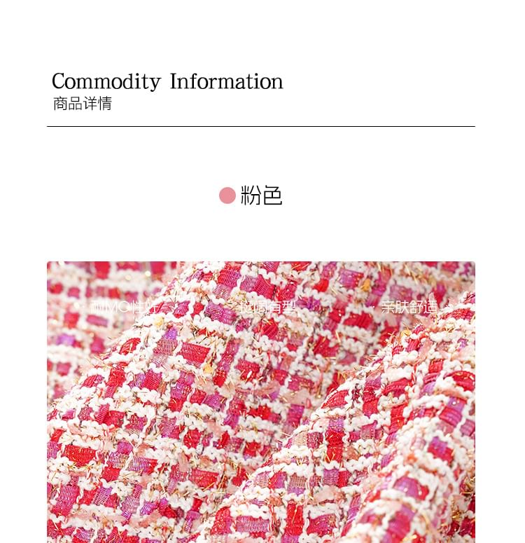 Set: V-Neck Button-Up Tweed Crop Jacket + High Rise Mini Pencil Skirt