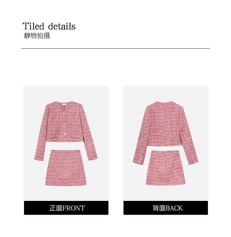 Set: V-Neck Button-Up Tweed Crop Jacket + High Rise Mini Pencil Skirt