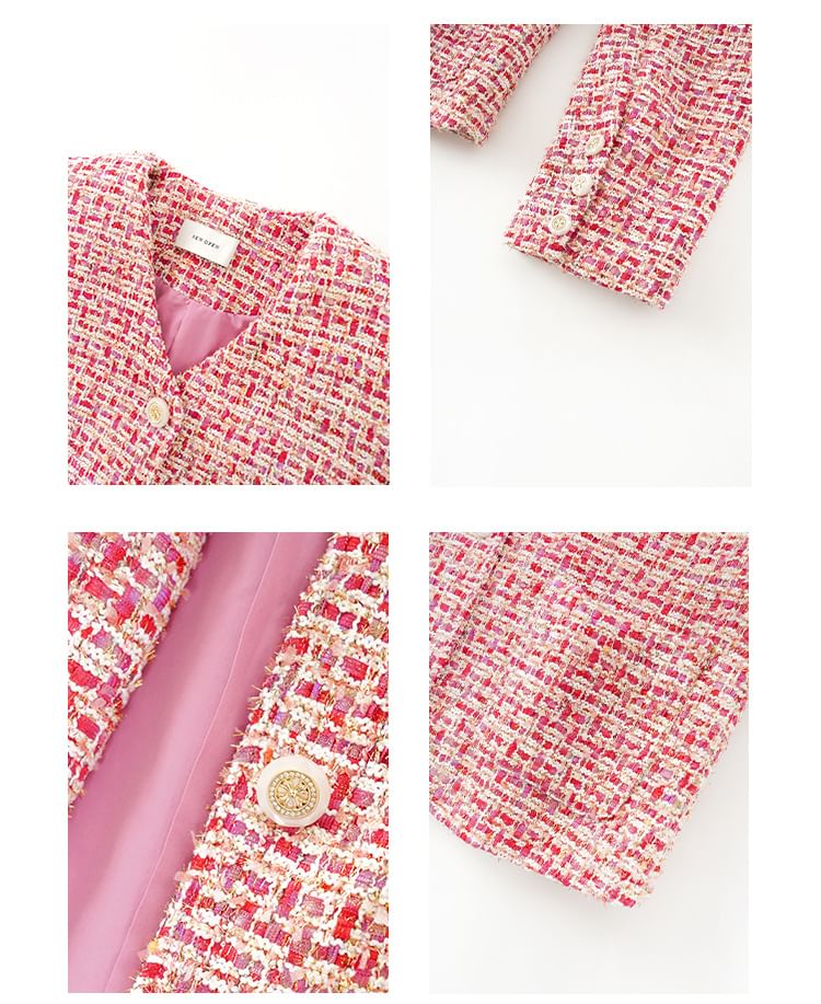 Set: V-Neck Button-Up Tweed Crop Jacket + High Rise Mini Pencil Skirt