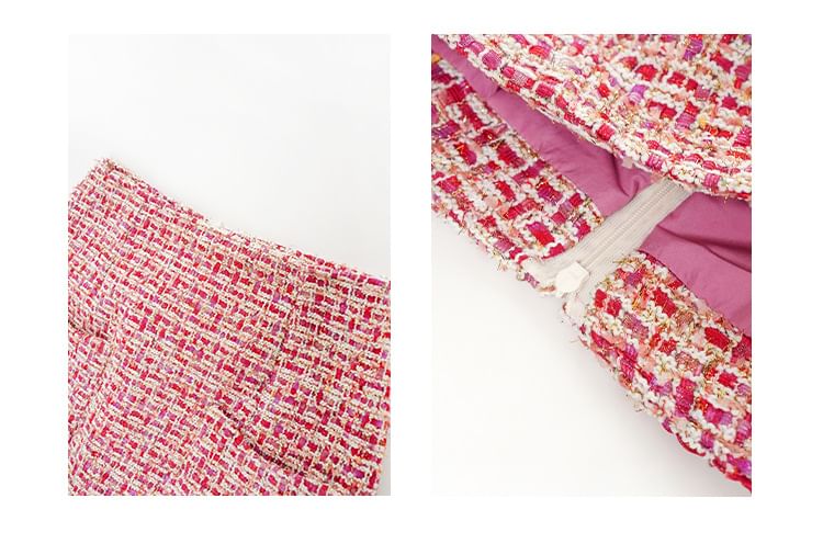 Set: V-Neck Button-Up Tweed Crop Jacket + High Rise Mini Pencil Skirt