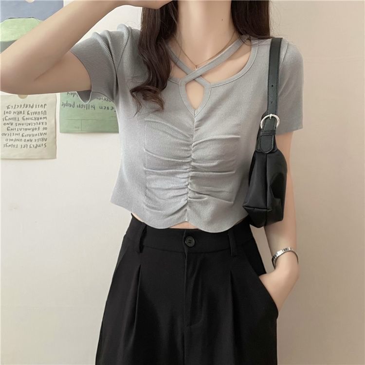 Criss Cross Short-Sleeve Knit Top Neck Plain Ruched Notch