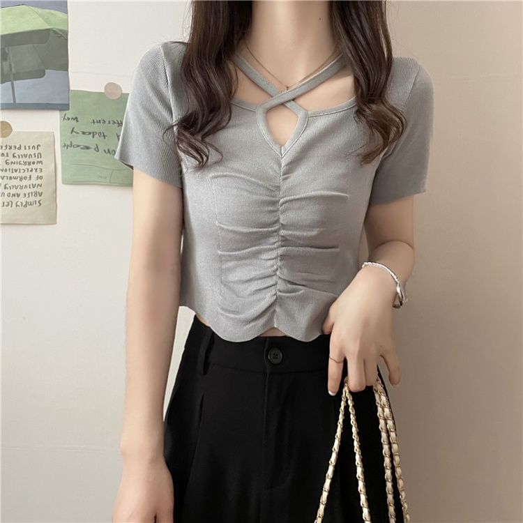 Criss Cross Short-Sleeve Knit Top Neck Plain Ruched Notch