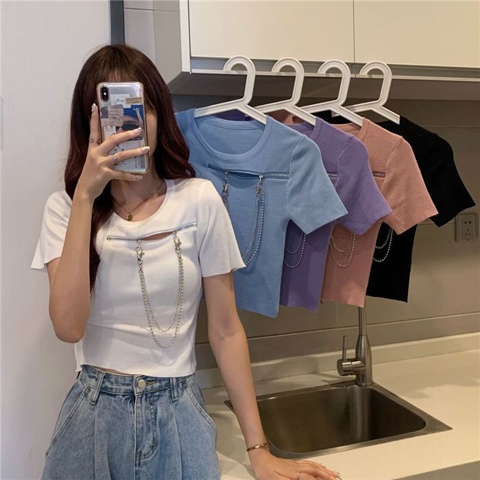 Short-Sleeve Neck Zip T-Shirt Crew Plain Chain