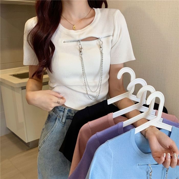Short-Sleeve Neck Zip T-Shirt Crew Plain Chain