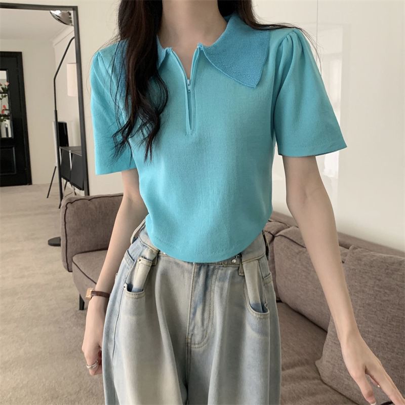 Collared Short-Sleeve Top Knit Half Zip