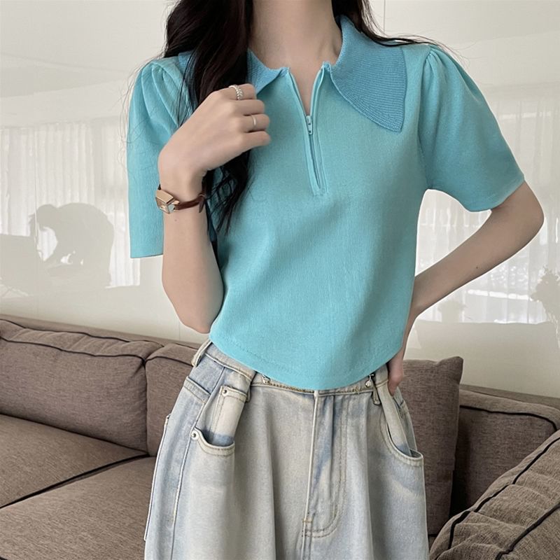 Collared Short-Sleeve Top Knit Half Zip