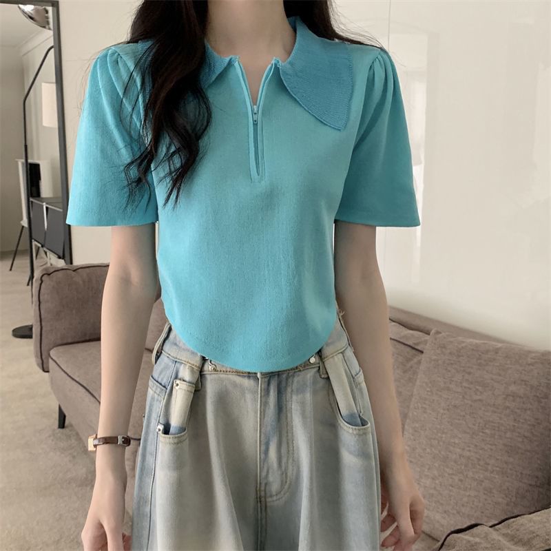 Collared Short-Sleeve Top Knit Half Zip